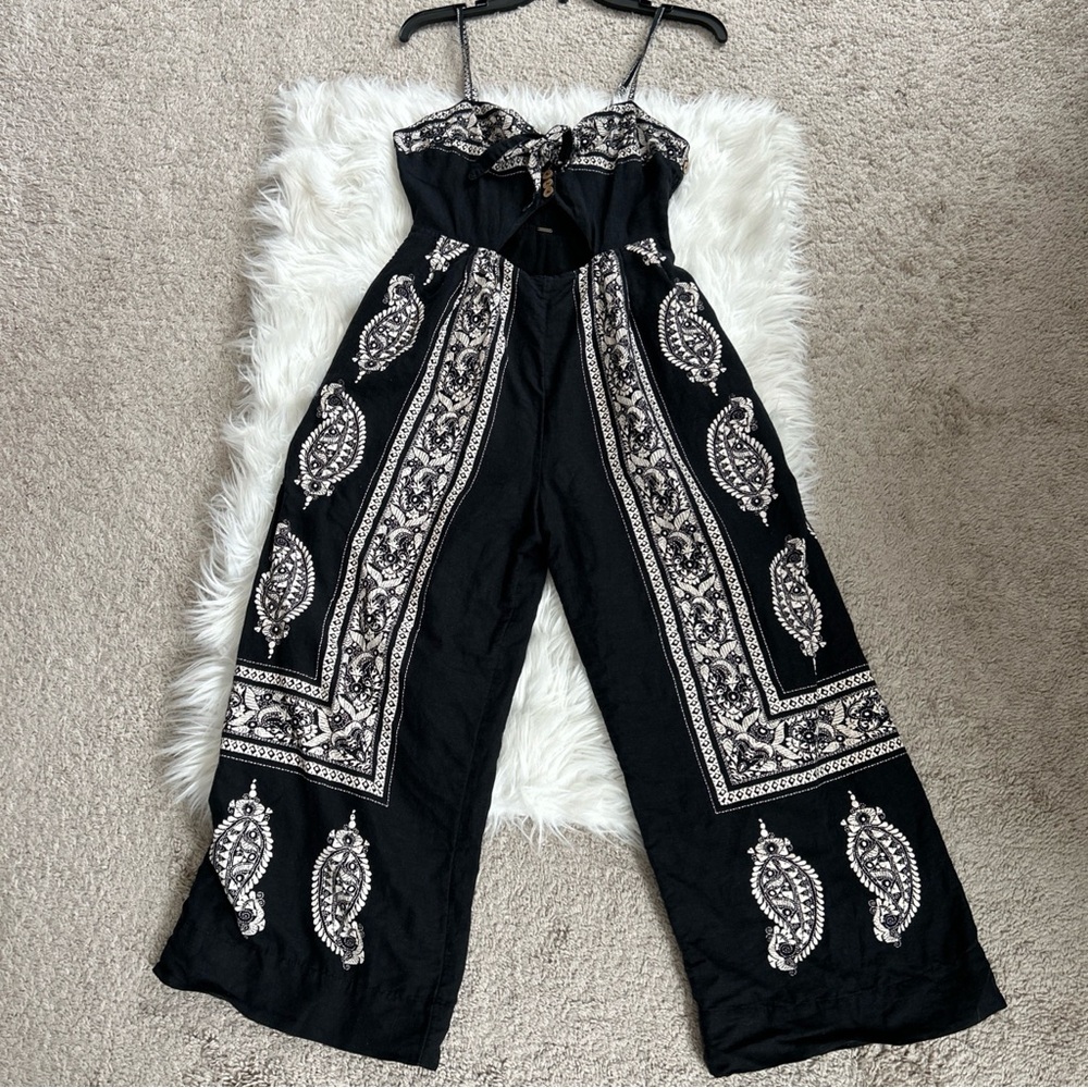 Free People Black Strapless Paisley Wide-Leg Jumpsuit with Tie and pockets
